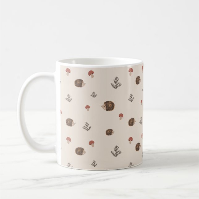 Cute Hedgehog and Mushrooms Forest Pattern Coffee Mug (Left)