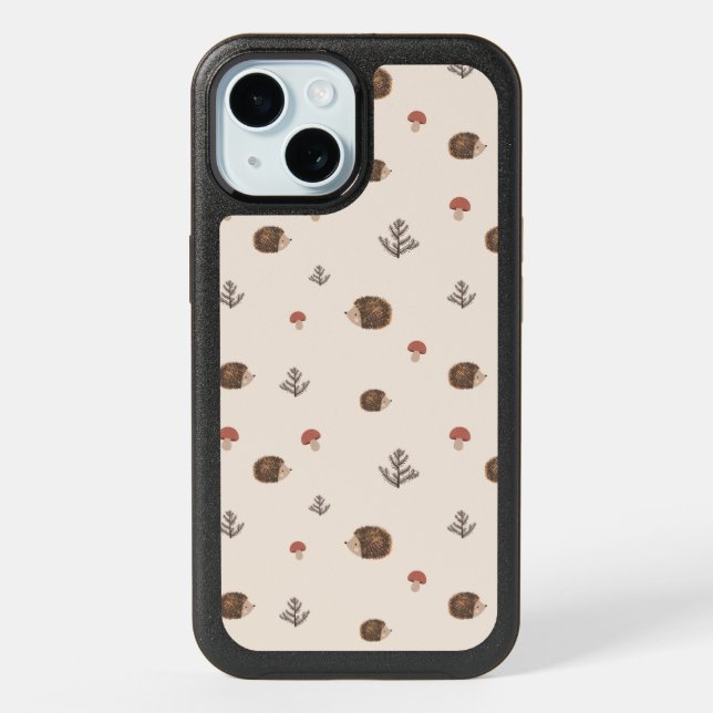 Cute Hedgehog and Mushrooms Forest Pattern iPhone 15 Case (Back)