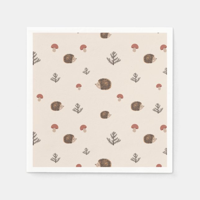 Cute Hedgehog and Mushrooms Forest Pattern Napkins (Front)