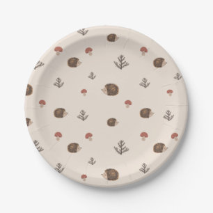 Cute Hedgehog and Mushrooms Forest Pattern Paper Plates