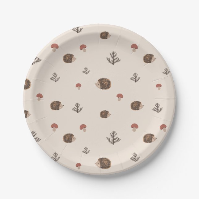 Cute Hedgehog and Mushrooms Forest Pattern Paper Plates (Front)