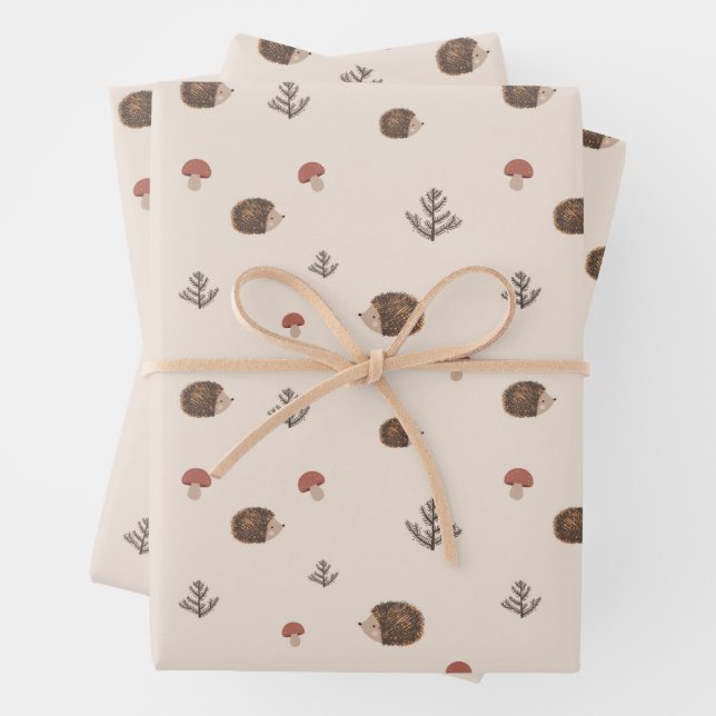 Cute Hedgehog and Mushrooms Forest Pattern Wrapping Paper Sheets (In situ)