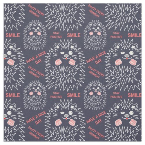 Cute Hedgehog And Positive Text Pattern For Black Fabric