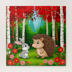 Cute Hedgehog and rabbit in a Bright Forest Jigsaw Puzzle