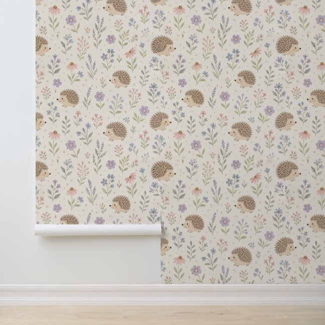 Cute Hedgehog and Wildflower Pattern in Pastel Wallpaper