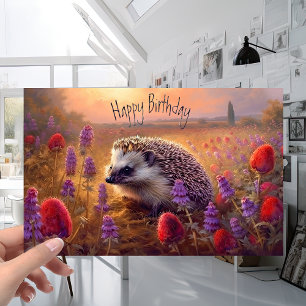 Cute Hedgehog at Sunset with Flowers Birthday Card