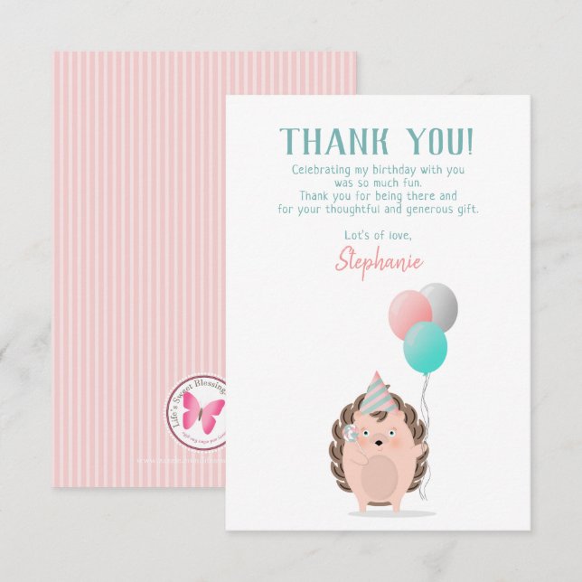 Cute Hedgehog Birthday Thank You Invitation (Front/Back)
