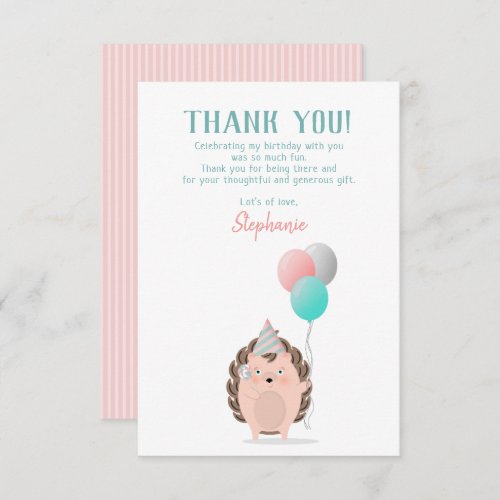 Cute Hedgehog Birthday Thank You Invitation