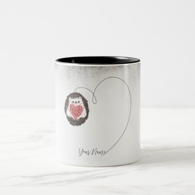 Cute Hedgehog Black White Heart Two-Tone Coffee Mug (Center)