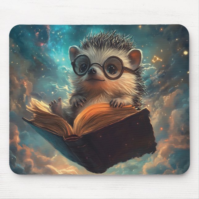 Cute Hedgehog Bookworm in a Galaxy of Stories Mouse Pad (Front)