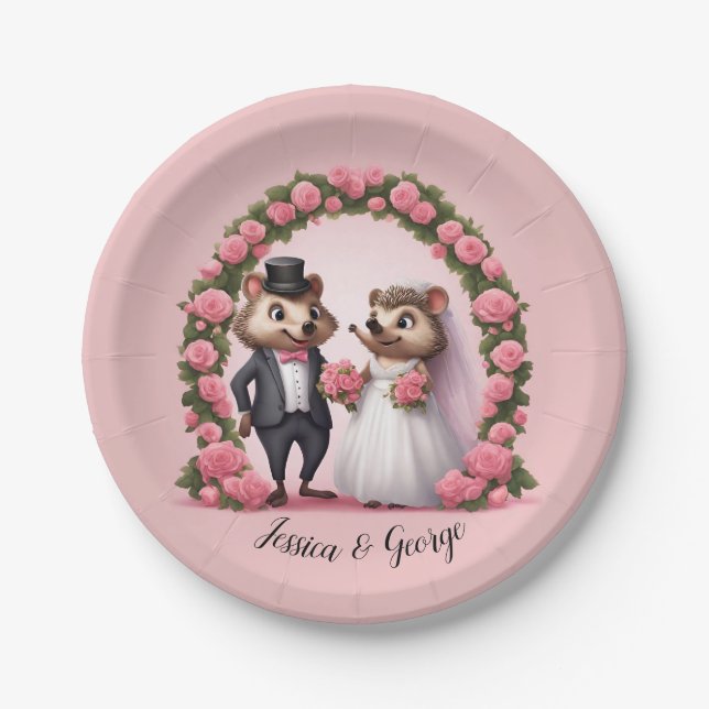 Cute Hedgehog Bride and Groom Wedding Paper Plates (Front)
