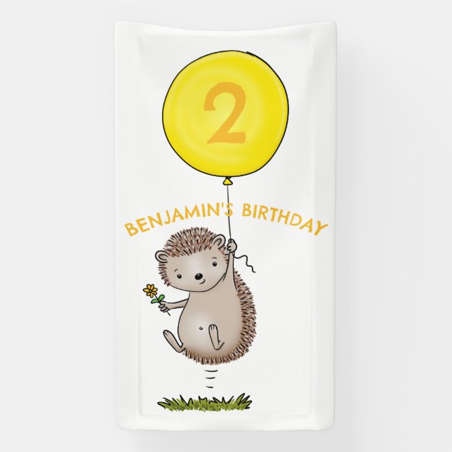 Cute hedgehog cartoon personalized birthday banner (Vertical)