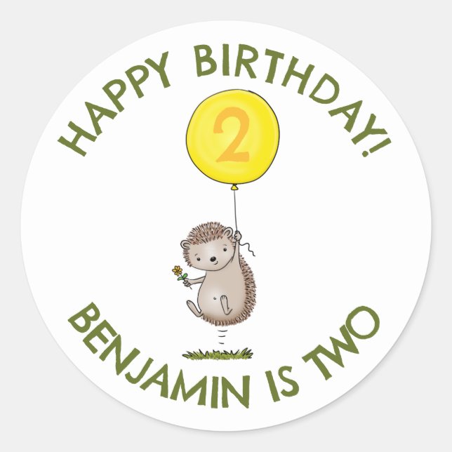 Cute hedgehog cartoon personalized birthday classic round sticker (Front)