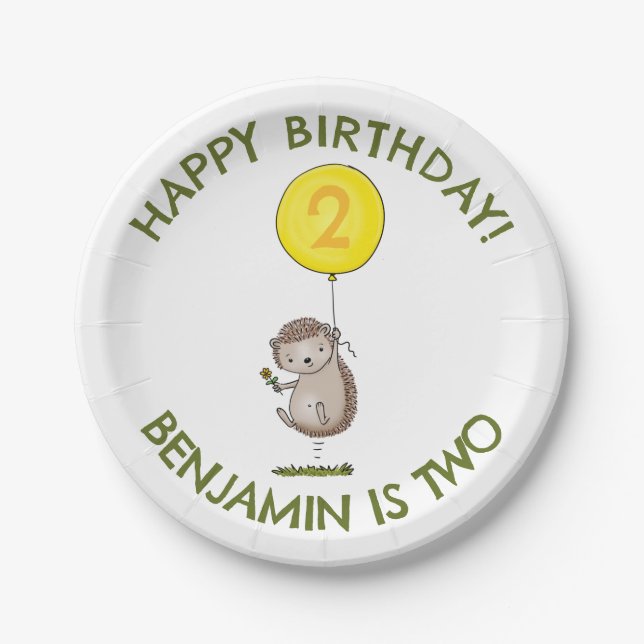 Cute hedgehog cartoon personalized birthday paper plates (Front)