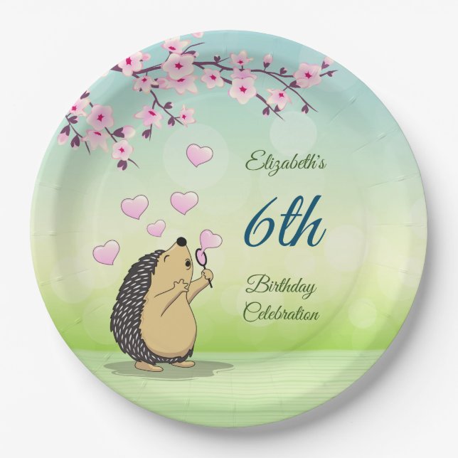 Cute Hedgehog Cherry Blossom | Custom Birthday  Paper Plates (Front)