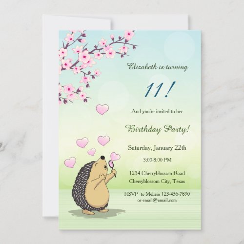 Cute Hedgehog Cherry Blossom Girls Birthday Invitation