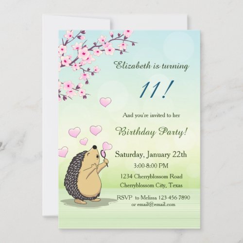 Cute Hedgehog Cherry Blossom Girls Birthday Invitation