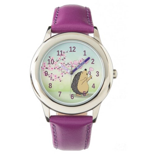 Cute Hedgehog Cherry Blossoms Pink Green Numbers W Watch