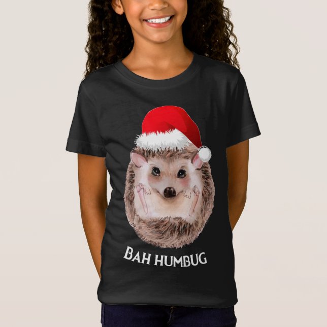 Cute Hedgehog Christmas Santa Hat Bah Humbug T-Shirt (Front)
