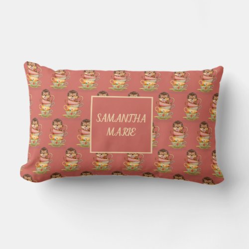 Cute Hedgehog Colorful Teacups Coral Pink Monogram Lumbar Pillow