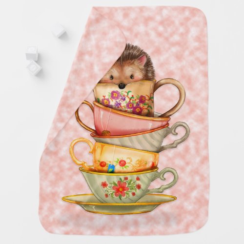 Cute Hedgehog Colorful Teacups Pink Baby Blanket