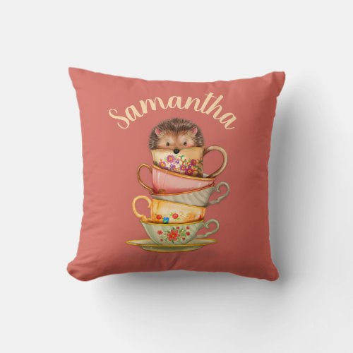 Cute Hedgehog Colorful Teacups Pink Custom Throw Pillow