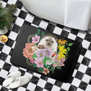 Cute Hedgehog Colorful Wildflowers Woodland Bath Mat