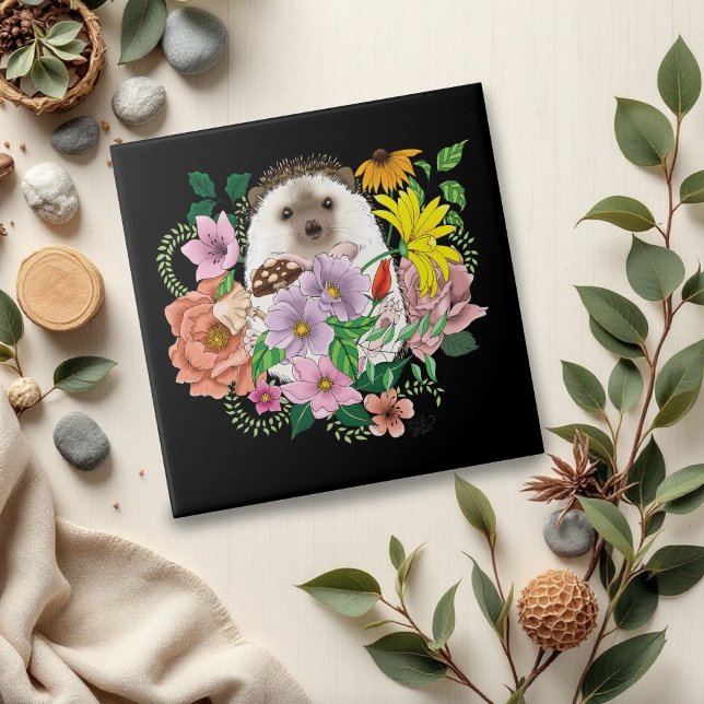 Cute Hedgehog Colorful Wildflowers Woodland Ceramic Tile (Creator Uploaded)