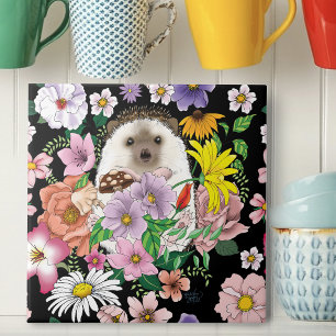Cute Hedgehog Colorful Wildflowers Woodland Ceramic Tile