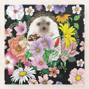 Cute Hedgehog Colorful Wildflowers Woodland Glass Coaster