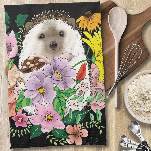 Cute Hedgehog Colorful Wildflowers Woodland Kitchen Towel (Creator Uploaded)