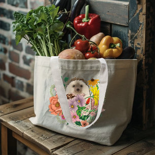 Cute Hedgehog Colorful Wildflowers Woodland Large Tote Bag
