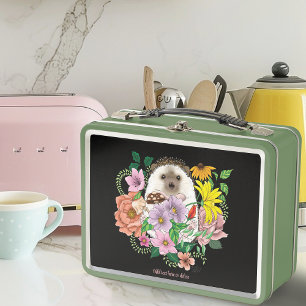 Cute Hedgehog Colorful Wildflowers Woodland Metal Lunch Box