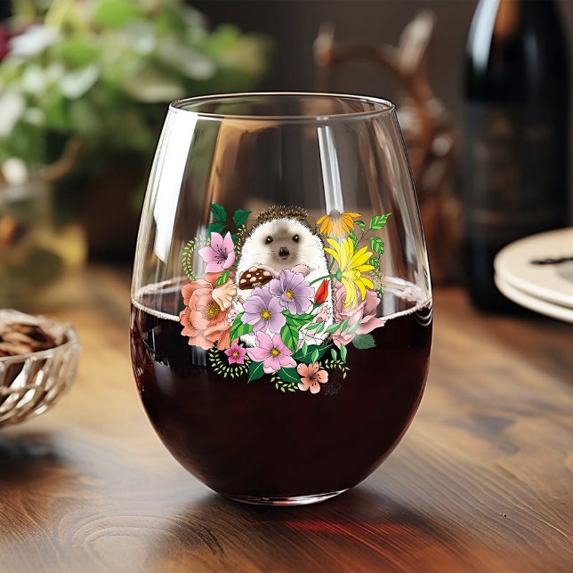 Cute Hedgehog Colorful Wildflowers Woodland Stemless Wine Glass (Creator Uploaded)