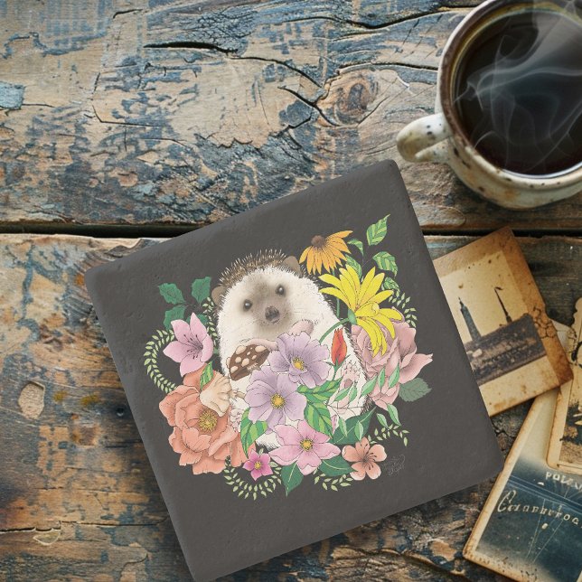 Cute Hedgehog Colorful Wildflowers Woodland Stone Coaster (Creator Uploaded)