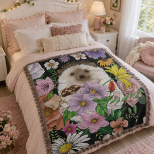 Cute Hedgehog Colorful Wildflowers Woodland Throw Blanket
