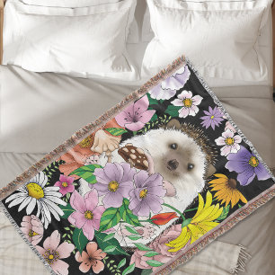 Cute Hedgehog Colorful Wildflowers Woodland Throw Blanket