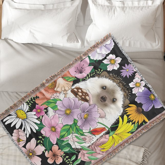 Cute Hedgehog Colorful Wildflowers Woodland Throw Blanket (Creator Uploaded)