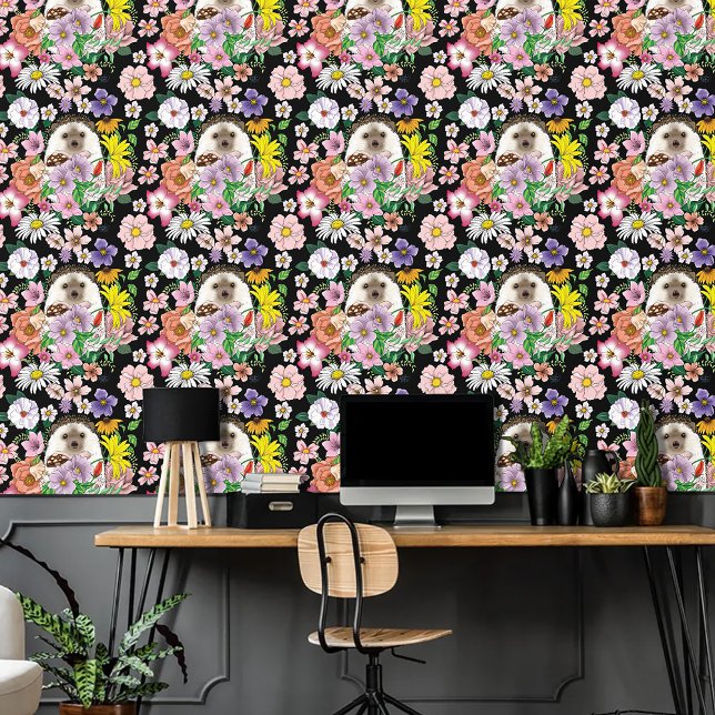 Cute Hedgehog Colorful Wildflowers Woodland Wallpaper (Creator Uploaded)