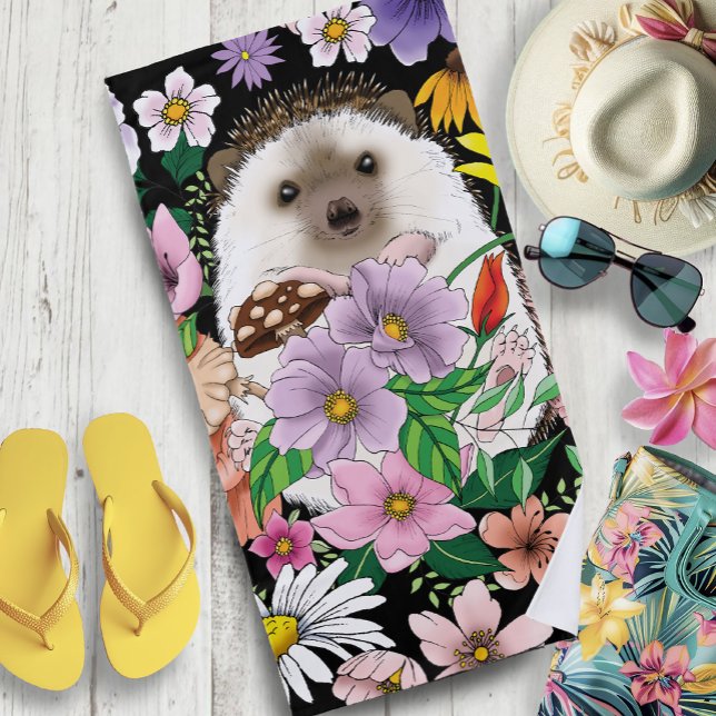 Cute Hedgehog Colourful Wildflowers Woodland Beach Towel (Creator Uploaded)