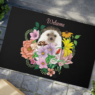 Cute Hedgehog colourful Wildflowers Woodland Doormat