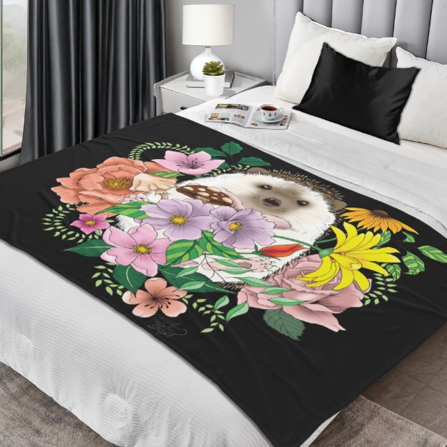 Cute Hedgehog Colourful Wildflowers Woodland Fleece Blanket (Creator Uploaded)