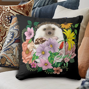 Cute Hedgehog Colourful Wildflowers Woodland Throw Pillow