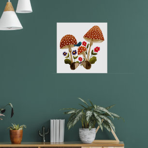 Cute Hedgehog Couple and Mushrooms Poster