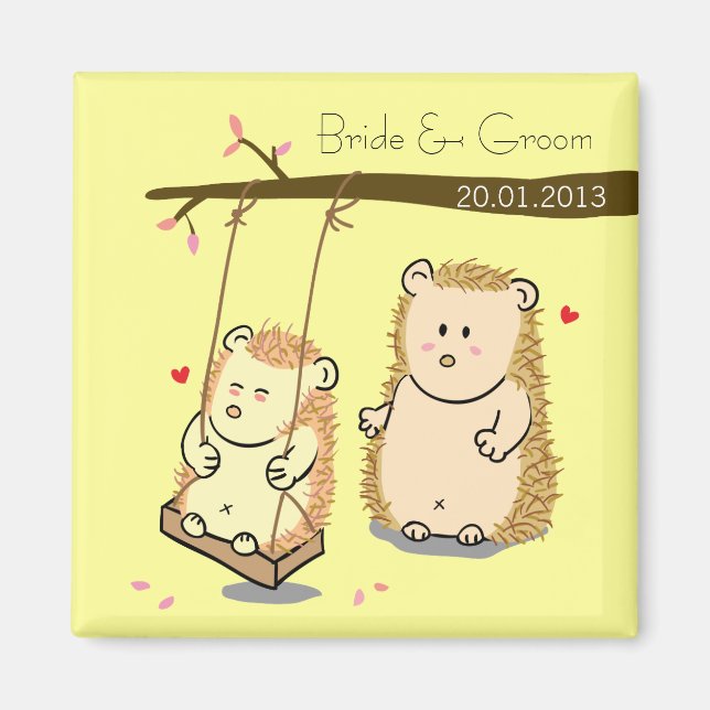 Cute Hedgehog couple at tree swing wedding favor Magnet (Front)