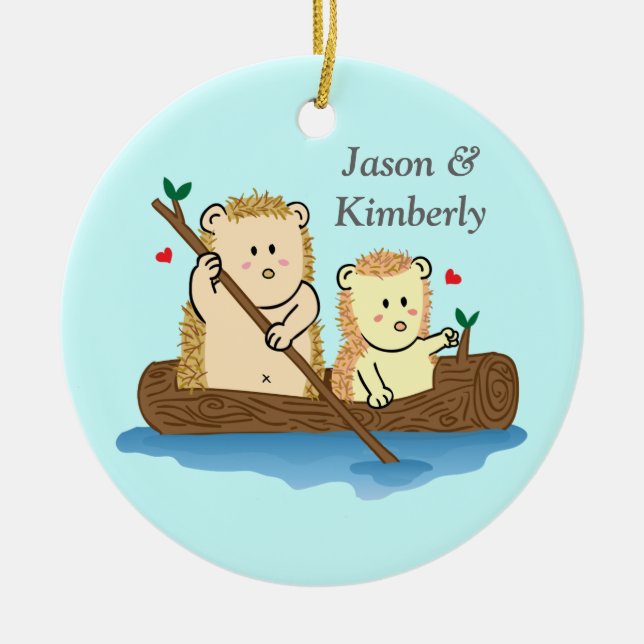 Cute Hedgehog Couple on Wooden Boat Ceramic Ornament (Front)
