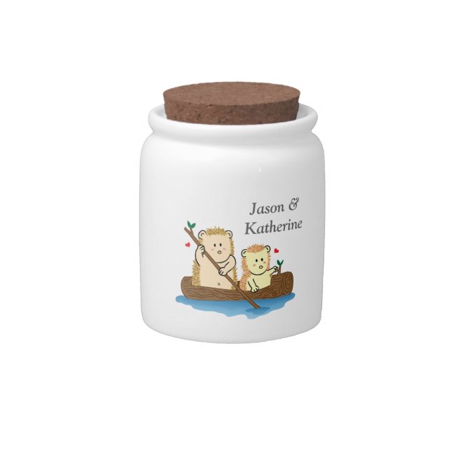 Cute Hedgehog couple sailing on wooden boat Candy Jar (Front)