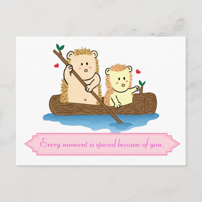 Cute Hedgehog couple sailing on wooden boat Postcard (Front)