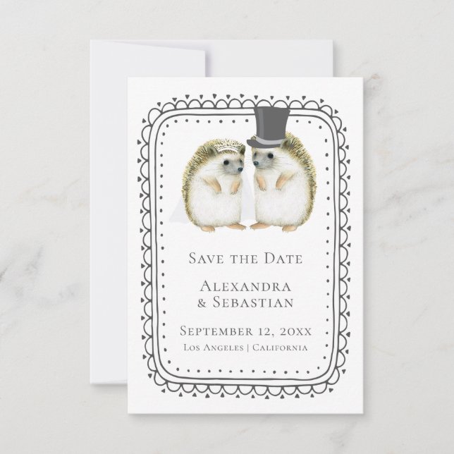 Cute Hedgehog Couple Wedding Save The Date (Front)