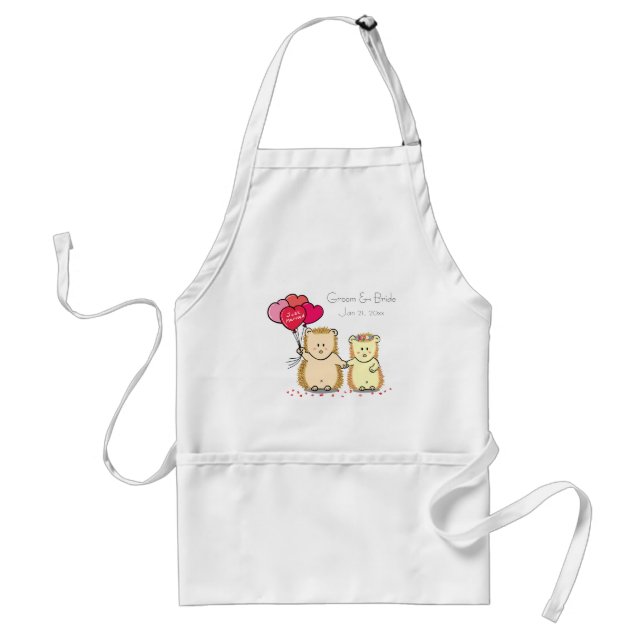 Cute hedgehog couple with balloons, just married adult apron (Front)